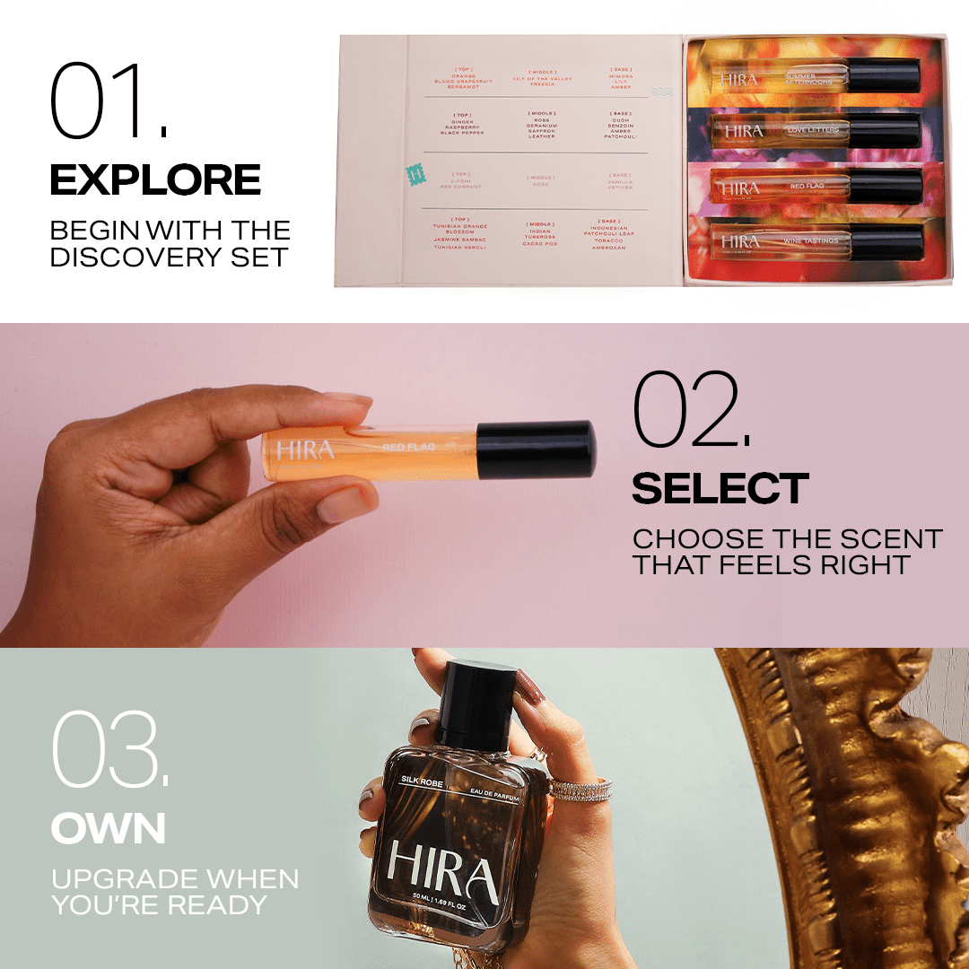 Discovery Set for Her | 4 Premium Fragrances | Love Letters, Wine Tasting, Summer Afternoons, & Red Flag - 4 X 10ML - HIRA FRAGRANCES