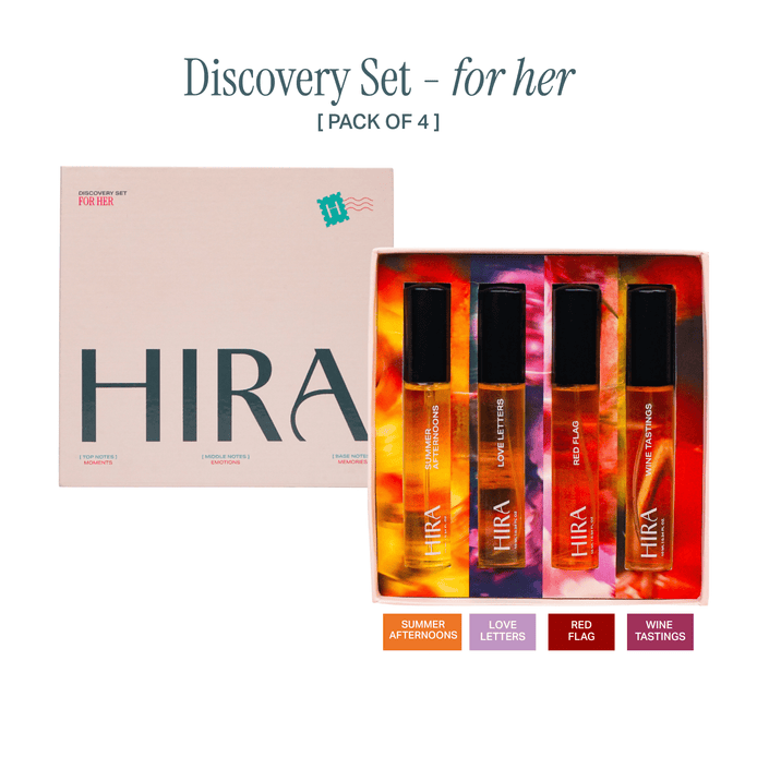 Discovery Set for Her | 4 Premium Fragrances | Love Letters, Wine Tasting, Summer Afternoons, & Red Flag - 4 X 10ML - HIRA FRAGRANCES