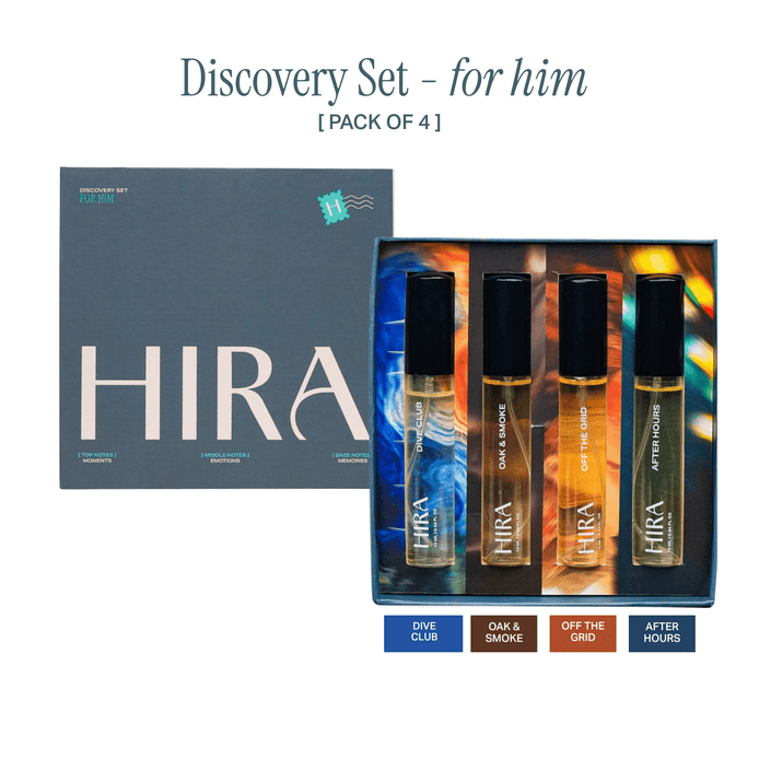 Discovery Set for Him | 4 Premium Fragrances | Dive Club, Oak & Smoke, Off the Grid, & After Hours - 4 X 10ML - HIRA FRAGRANCES