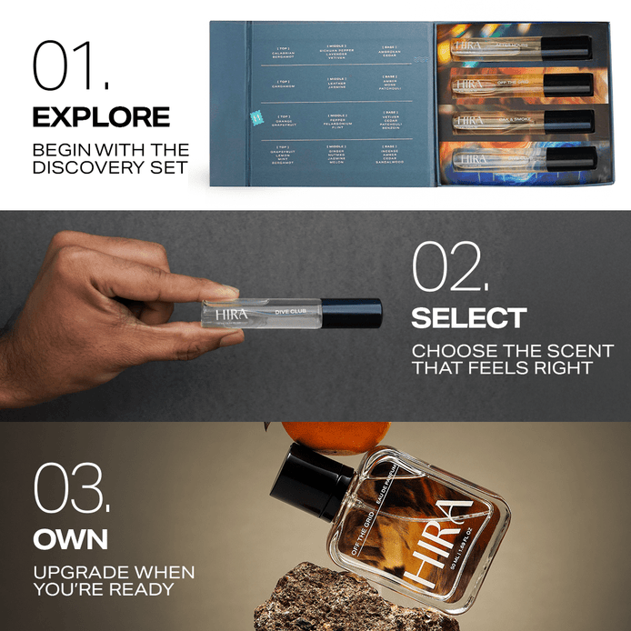 Discovery Set for Him | 4 Premium Fragrances | Dive Club, Oak & Smoke, Off the Grid, & After Hours - 4 X 10ML - HIRA FRAGRANCES
