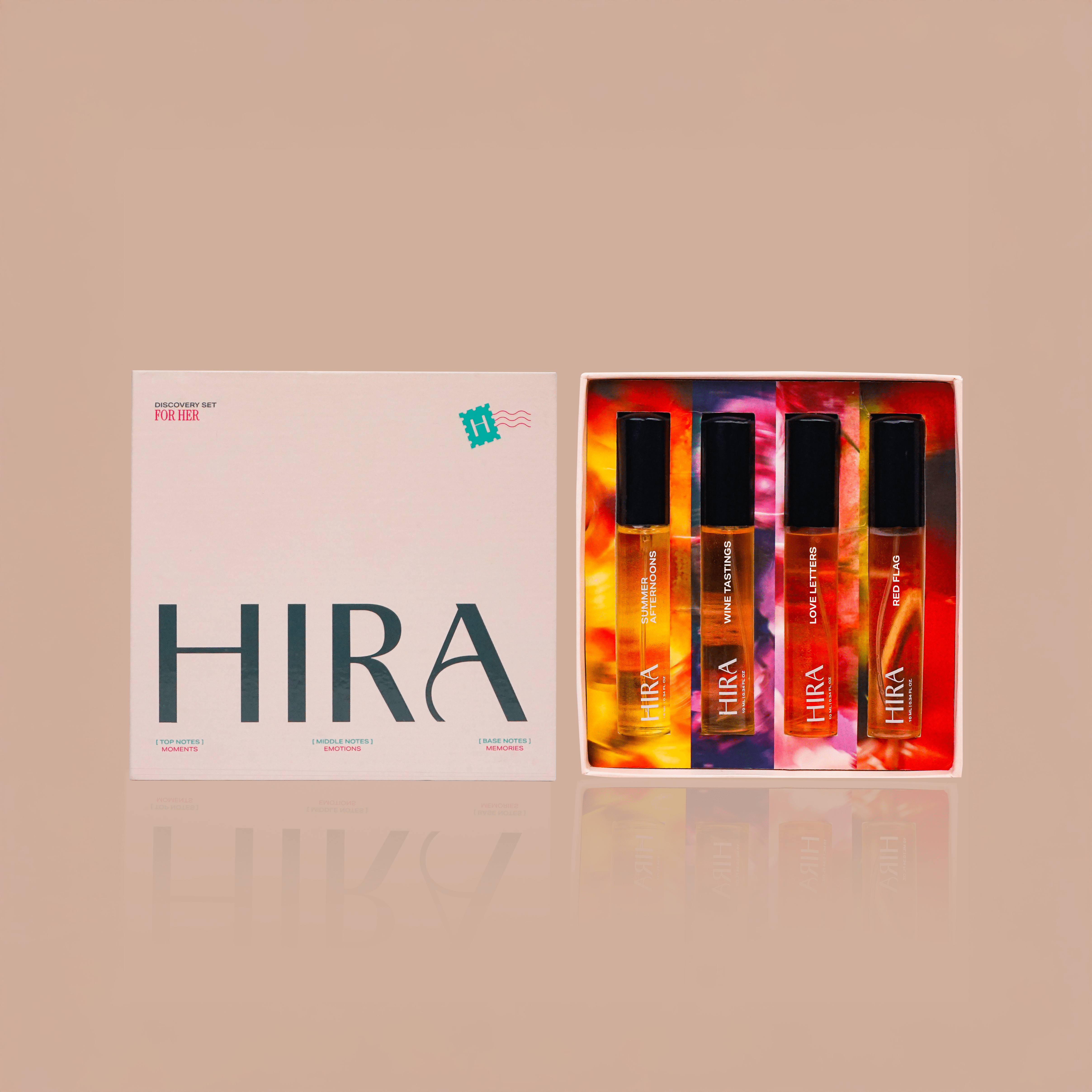 Discovery Set for Her | 4 Premium Fragrances | Love Letters, Wine Tasting, Summer Afternoons, & Red Flag - 4 X 10ML - HIRA FRAGRANCES